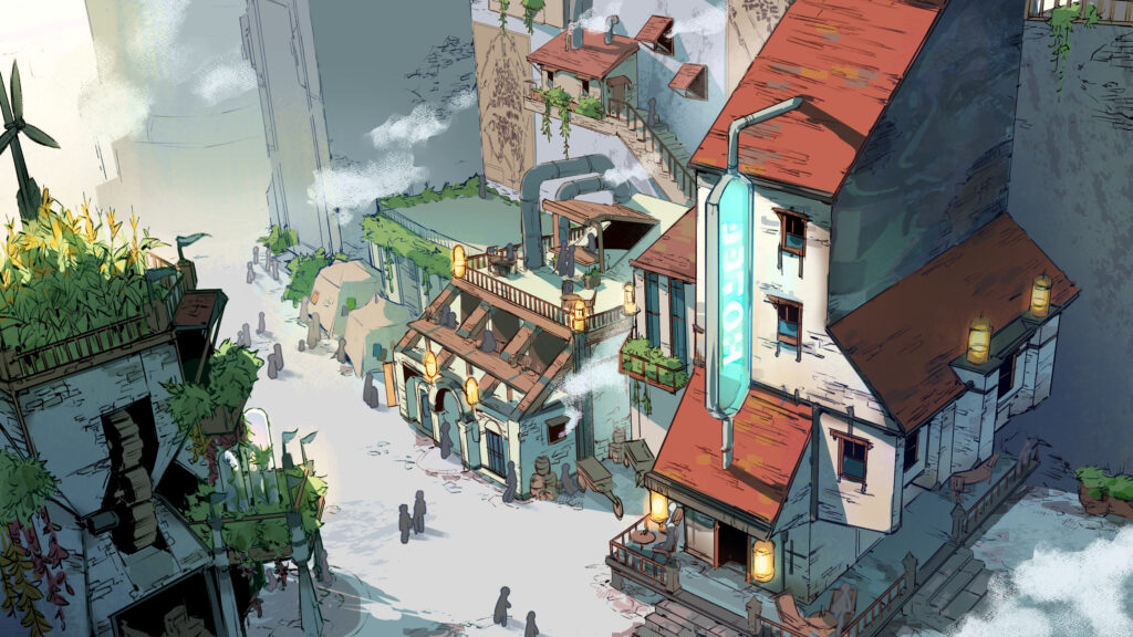 Background art réalisé par Senju Kobo — la scène de ville illustre la maîtrise du studio en matière d'ambiances et de décors animés. © Senju Kobo